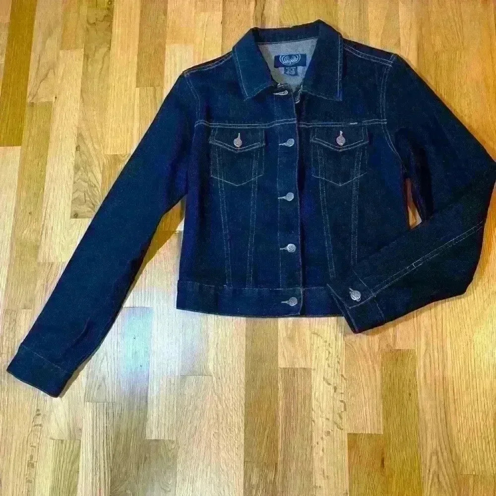 Vintage 90’s Denim Jean Jacket Dark Wash Fitted Cropped Y2K Trucker Size Medium